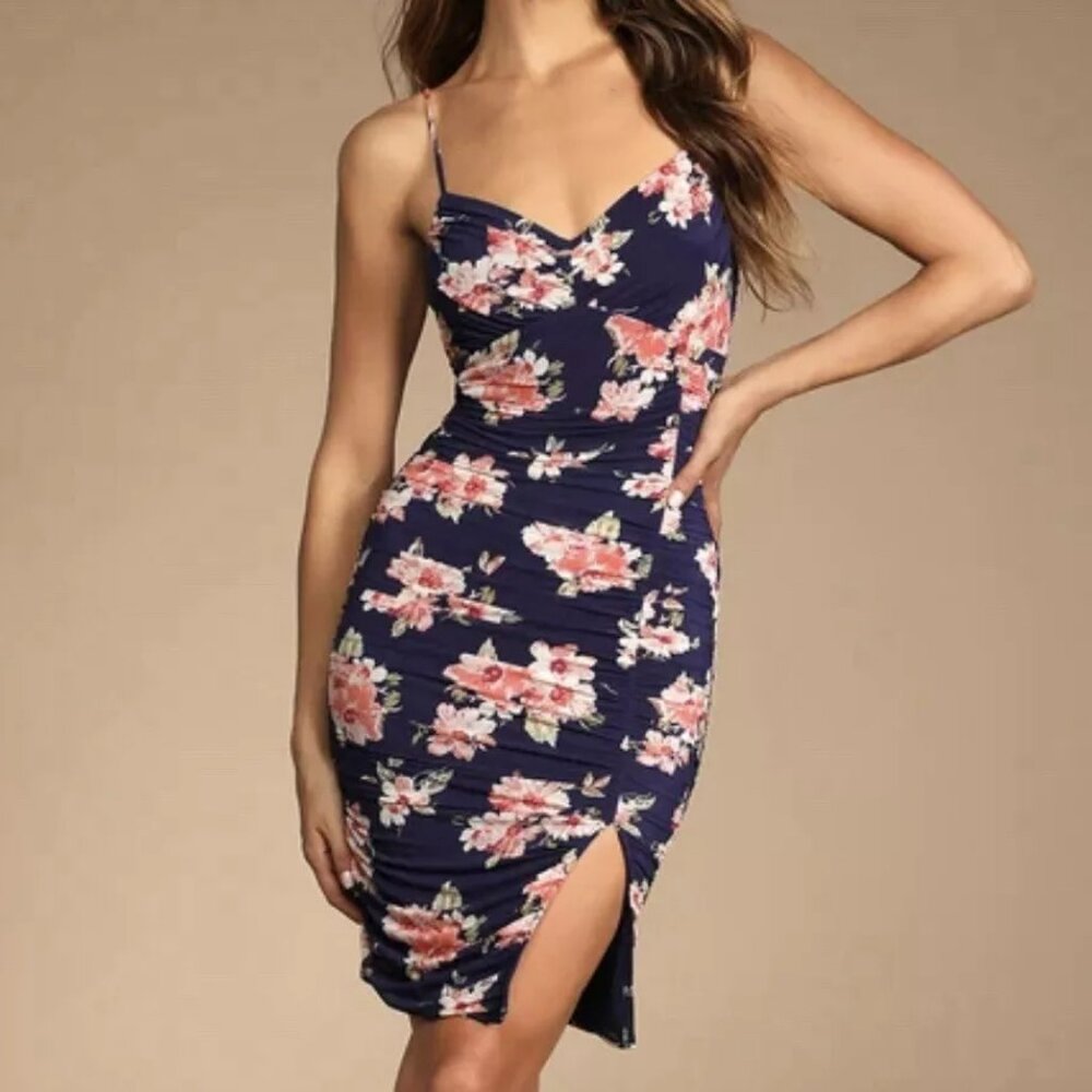 Lulus Springtime Bliss Navy Blue Floral Print Mesh Bodycon Mini Dress - Large